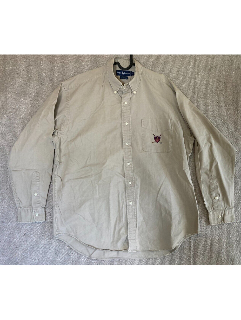 Mens Sz Large Ralph Lauren Beige Long Sleeve Shirt Golf Crest Pocket TILDEN